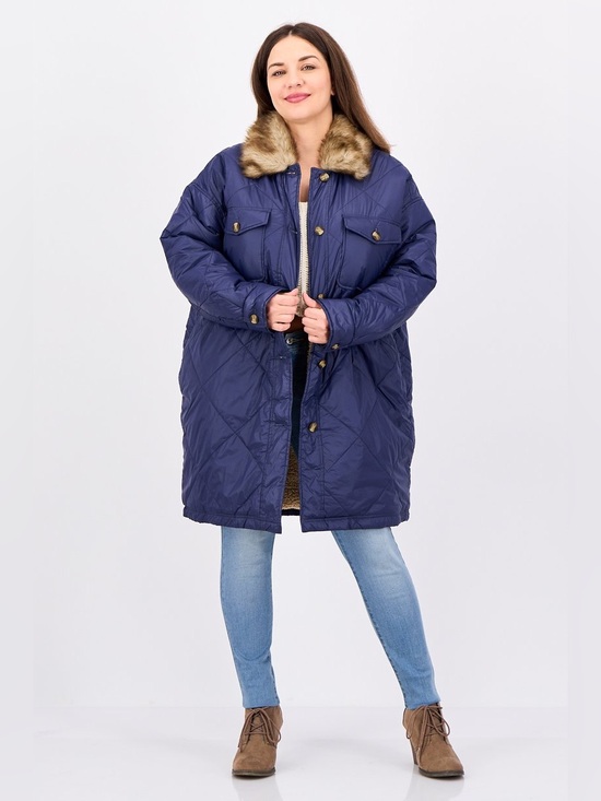 aerie Jackets & Blazers - NWOT AERIE Navy Quilted Long Puffer Jacket with Faux Fur Collar Size L